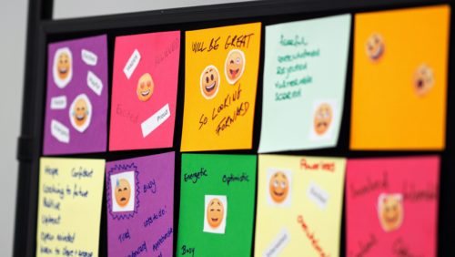 An image of colourful post it notes with varying expressions attached and related feelings.